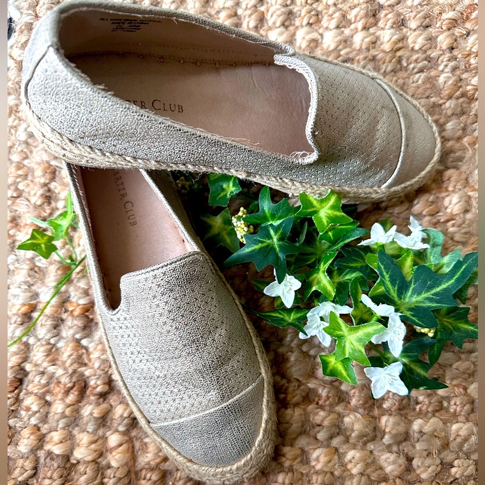 Charter Club Jonii Faux Leather in Metallic Gold Laser Cut Espadrille Flats, 6